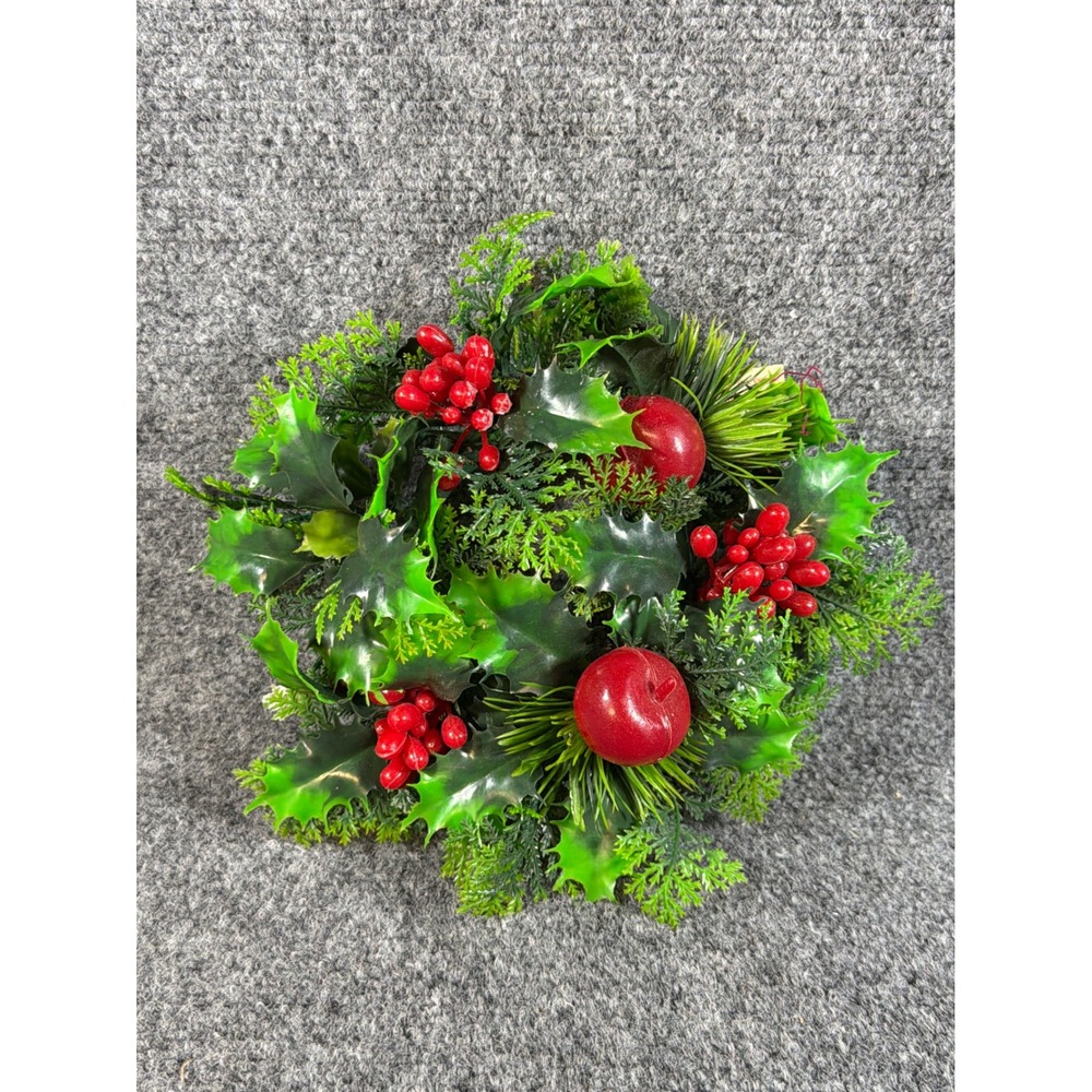 Vintage Christmas Candle Ring Holly Berry Red Apple Holiday Centerpiece 9 Inch